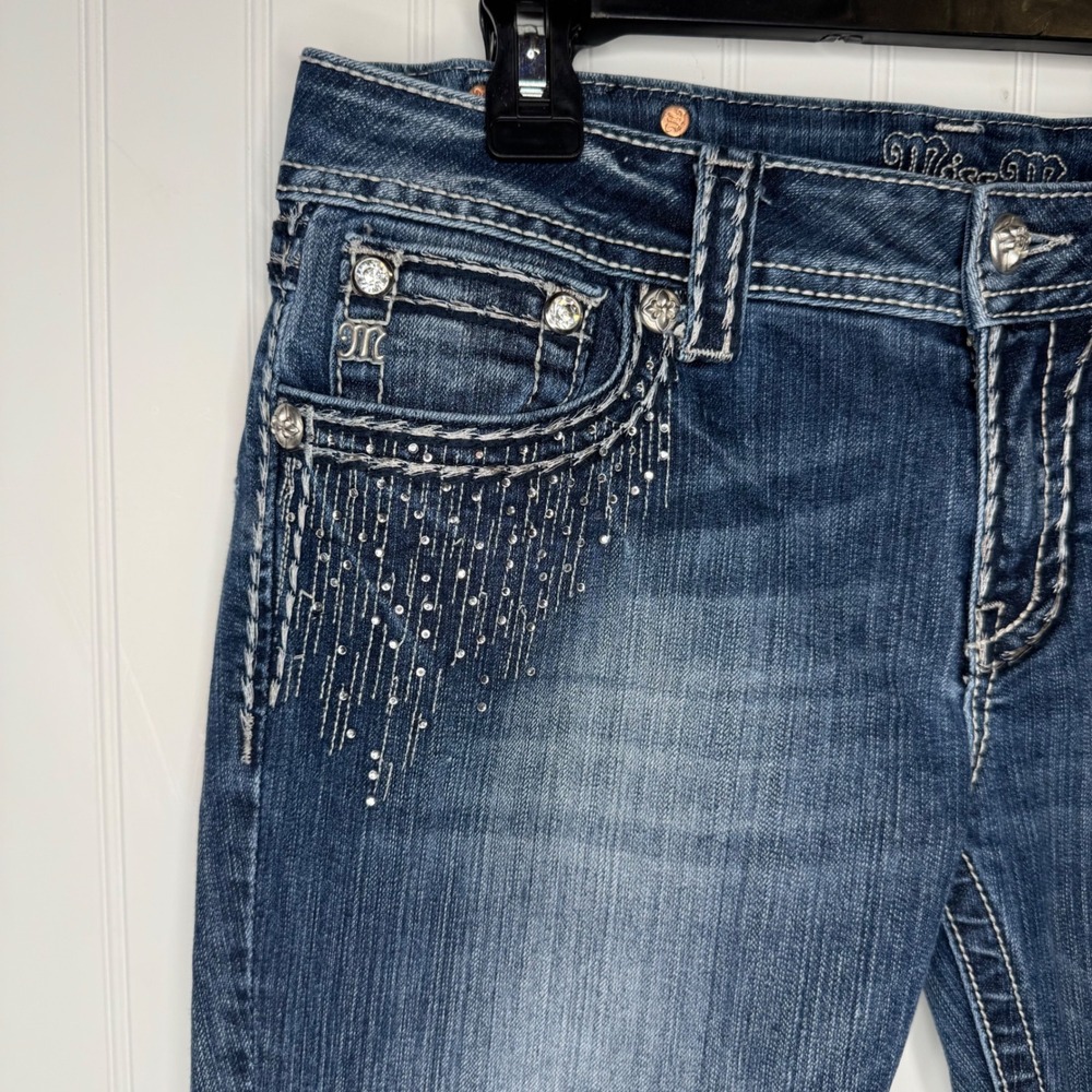 Miss Me Bootcut Jeans 31 Medium Wash Rhinestone Embellished Flap Pocket